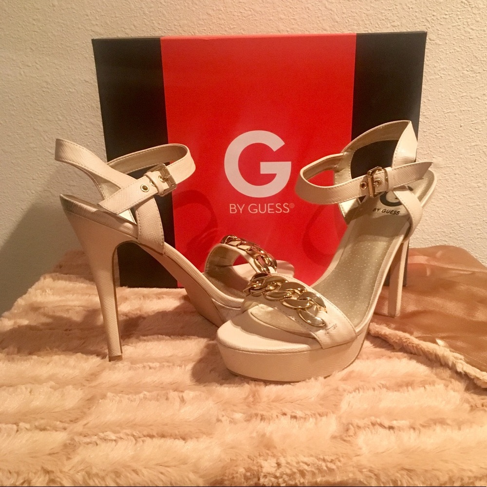GUESS heels with gold chain accent